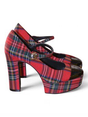 NEW Classic & Sassy Wishbone Kyle Red Plaid Platform Mary Jane Chunk Heels Sz 4